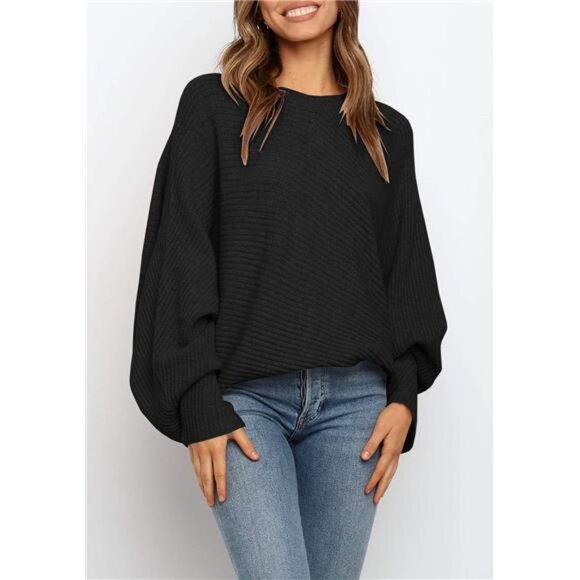 Womens Oversized Sweater Crewneck Pullover Batwing Puff Long Sleeve Knit Top - Picture 2 of 4